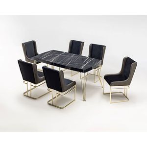 Ensemble de table à manger rectangulaire moderne Rosse, 6 pièces, structure en métal, meubles durables pour la maison et la cuisine, Turquie - Product Image 1