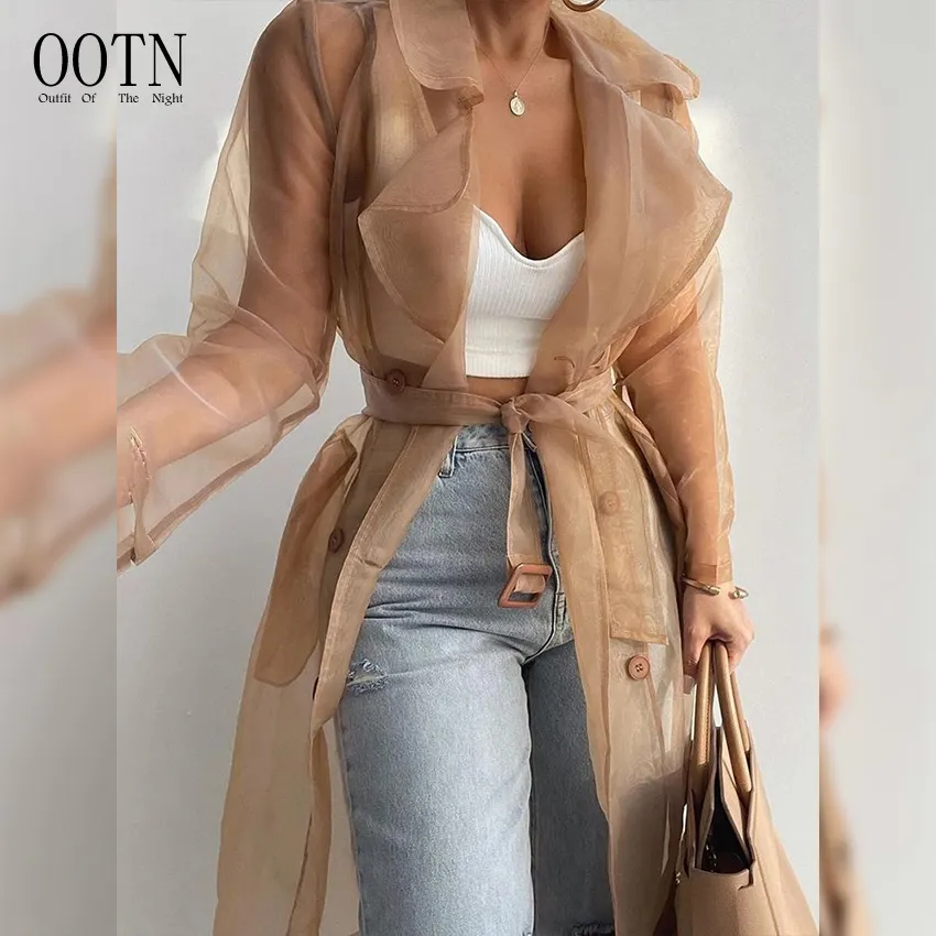 OOTN Lace Up Solid Sheer Mesh Long Sleeve Buttoned Coat With Belt Elegant Shirts 2022 Women Fashion See Through Outdoor Tops