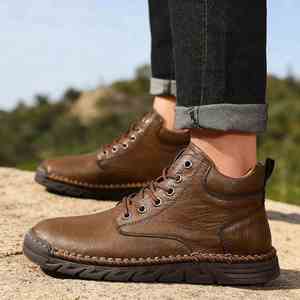 Botas de Tobillo de Cuero para Hombre, Talla Grande, Estilo Occidental, con Cordones, Cosidas a Mano, Antideslizantes y Transpirables, para Primavera y Otoño - Product Image 2
