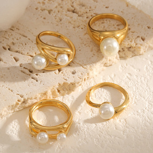 แหวนมุกผู้หญิง ชุบทอง 18k ดีไซน์เรขาคณิต ประดับขอบ สำหรับใส่ทุกวัน - Product Image 1