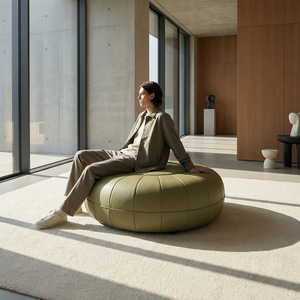 Contemporary Round Leather <strong>Footstool</strong> Ottoman Green Pumpkin Pattern Upholstered Lounge Seat for Living Room Bedroom - Product Image 1