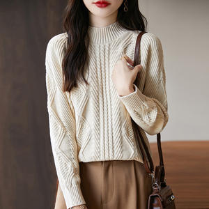 Suéter de punto grueso para mujer, cuello medio alto, estilo coreano, holgado, de algodón, para otoño e invierno, color liso - Product Image 2