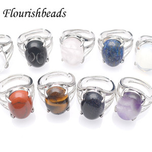 Bagues ouvertes en cuivre avec cabochons ovales en <span class=keywords><strong>cristal</strong></span> naturel (Lapis Lazuli, Œil de Tigre, Améthyste, Onyx) pour la fabrication de bijoux pour femmes - Product Image 4