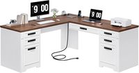 Bureau d'angle vintage blanc et noyer en forme de L avec tiroir à dossiers A4 et plateau relevable, bureau d'ordinateur d'angle robuste avec multiprise intégrée pour la maison.