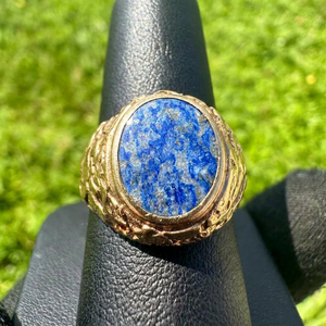 Men's Vintage 9K Solid Gold <b>Lapis</b> <b>Lazuli</b> Cocktail <b>Ring</b> Bezel Set Round Natural Stone Daily Wear Jewelry - Product Image 1