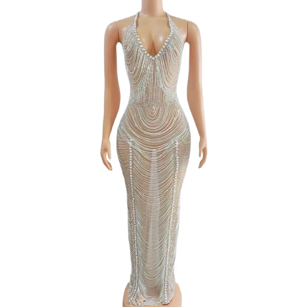 Gaun panjang berjumbai berlian imitasi elegan gaun pesta ulang tahun gaun pernikahan wanita seksi Bodycon gaun klub gaun malam Formal punggung terbuka