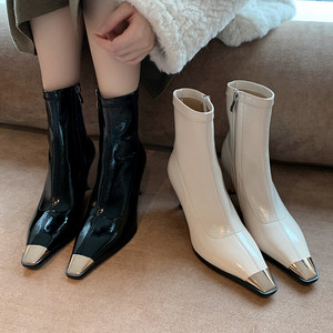 Cialisa – bottines en cuir extensible verni pour femme, chaussures à talons hauts, blanc, noir, taille Plus 42 - Product Image 4