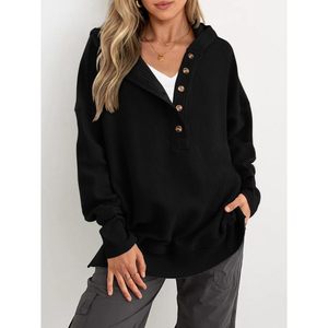 Womens Oversized Long Sleeve Hoodie Button Down V Neck Sweatshirt Knitted Asymmetric Casual Pullover <b>Tops</b> - Product Image 2