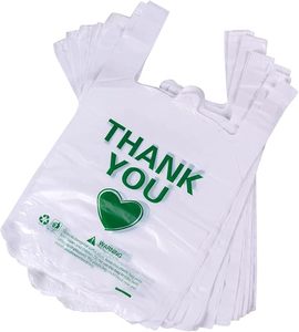 Camiseta de plástico a granel blanca Gracias Bolsas de comestibles Uso de grado alimenticio para supermercado con mensaje 'Gracias' - Product Image 1