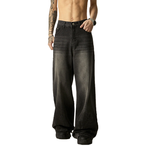 Jean en denim évasé noir délavé rétro pour homme avec logo personnalisé, taille mi-haute, délavage horizontal, coupe oversize ample et longueur au sol - Product Image 3