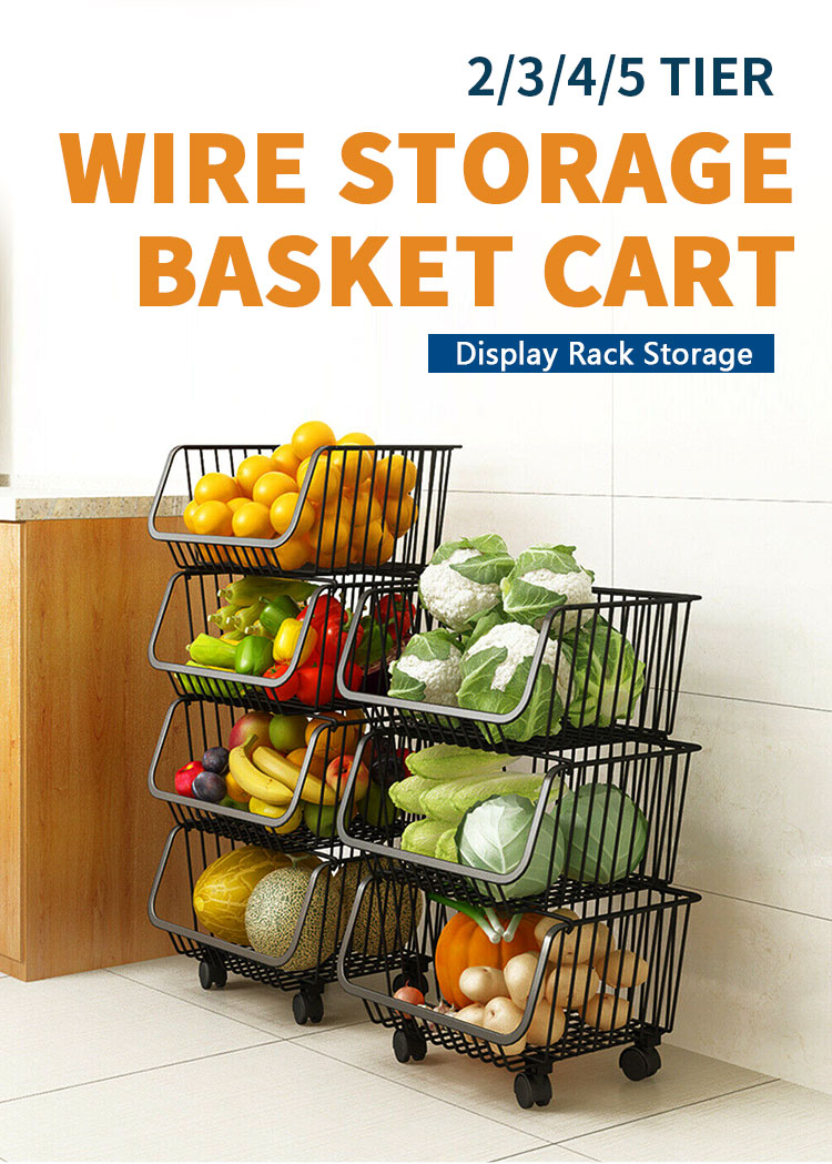 Cesto Porta Frutta E Verdura 4 Ripiani – Impilabile Con Ruote, In Metallo E Piano In Legno, Organizzatore Per Cucina, Dispensa, Bagno