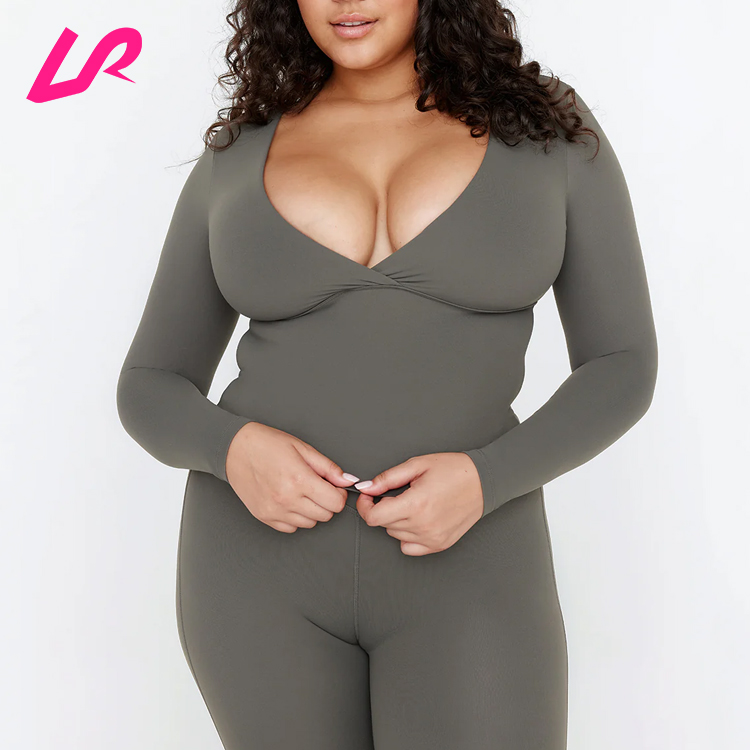 Newest Custom Women Four Way Stretch Long Sleeve Workout Wear Fitness Plus Size Yoga Top Athletic Sexy Deep V Neck Crop Top