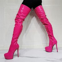 Bottes sexy à hauteur de cuisse, chaussures longues en PU brillant, chaussures de défilé de mode, chaussures à plateforme, bottes au-dessus du genou pour femmes, grandes tailles