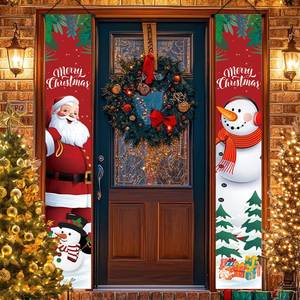 Couplet de porte de Noël intérieur/extérieur avec Père Noël et bonhomme de neige de dessin animé, 30*180cm, avec tringle de suspension incluse, décorations de fêtes - Product Image 4