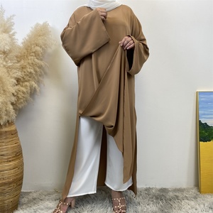 6809+1434 #   Abaya ChaomengFashion – Ensemble deux pièces uni avec fentes latérales, abaya modeste et pantalon assorti à poches - Product Image 3