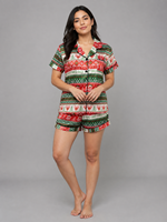 Ensemble de pyjama de Noël pour femmes en gros, imprimé rennes et flocons de neige, en satin, manches courtes, shorts, vêtements de détente, personnalisable OEM
