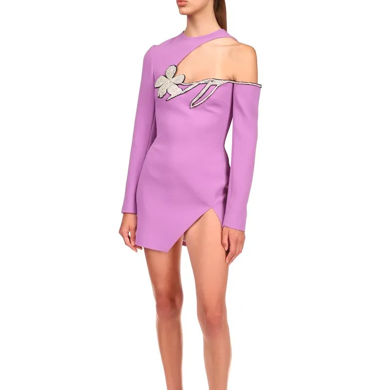 Fashion women sexy Diamond irregular slit mini party long sleeve purple cut out dress
