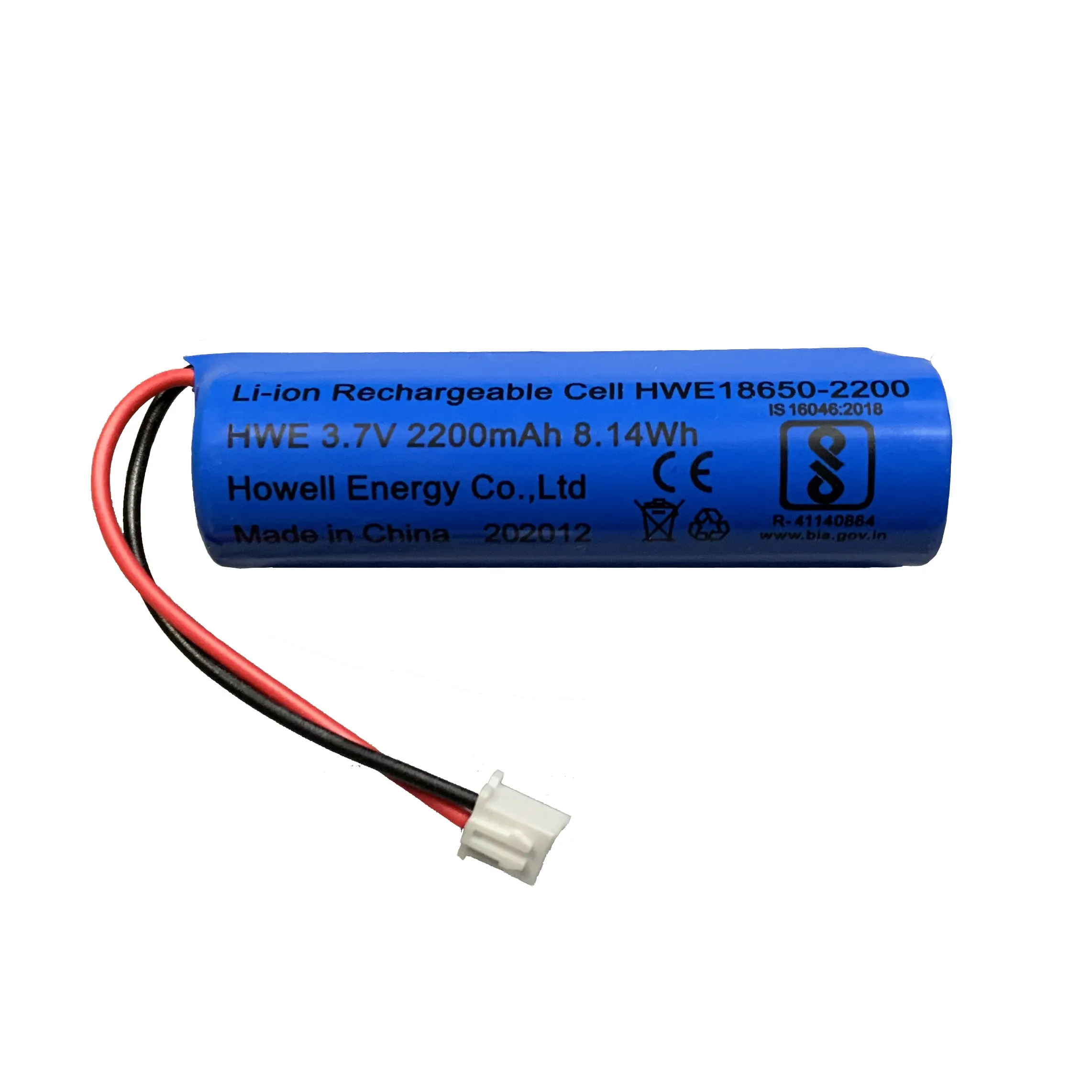 BIS CE RoHS Certified Cylindrical 18650 Li ion Battery 3.7V 2200mAh with Wire and Connector