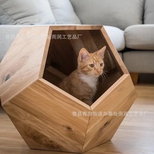 Cama para Mascotas de Madera Maciza, Caja Nido para Gatos, Mueble Multifuncional, Origen Shandong, Material de Roble Natural, Forma Cuadrada - Product Image 2