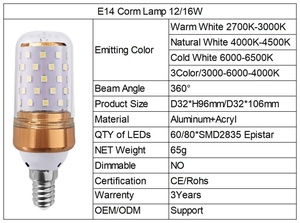 Bombilla LED tipo maíz E12 E14 E26 E27 B15 B22 12W 16W, luz de <span class=keywords><strong>vela</strong></span>, SMD2835, blanco cálido, blanco puro, blanco frío, 3 colores, CE RoHs - Product Image 5