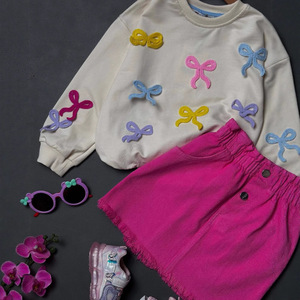 Conjunto de Dos Piezas para Niñas, Top de Manga Larga y Minifalda con Lazo Bordado, Vestido Casual de Pana para Otoño - Product Image 4