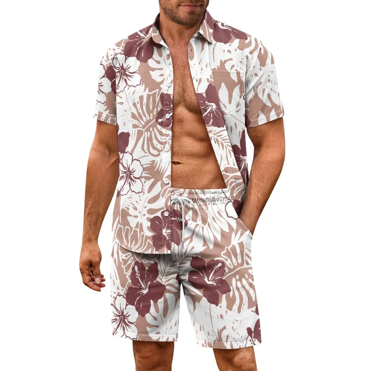 Hawaii kỳ nghỉ quần áo nam Cuban cổ áo sơ mi + quần short bãi biển giản dị thiết lập Hibiscus ROSA in hai mảnh người đàn ông phù hợp với giản dị