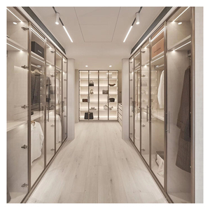 Armoire de rangement pour vêtements avec portes en verre, placards, design sur mesure, chambre à coucher, armoire en bois en forme de U, dressing - Product Image 1