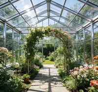Panneaux solaires avec petites serres à structure en acier interconnectées et couverture en feuille de polycarbonate pour la culture de légumes
