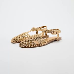ZA2026 Nouvelles mules d'été pour femmes, couleur unie, loisirs, boucle dorée, style cage, à porter à l'extérieur, chaussures tissées ajourées - Product Image 4