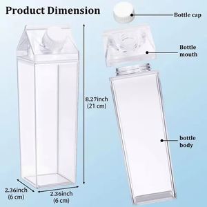 Bouteille d'eau en plastique transparente réutilisable sans BPA, type carton de lait, 500 ml et 1000 ml, carrée, modèle 2026, la plus vendue - Product Image 2
