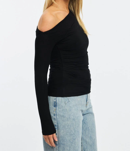 T-<span class=keywords><strong>shirt</strong></span> court asymétrique à épaules dénudées et manches longues froncé, coupe ajustée pour <span class=keywords><strong>femme</strong></span>, avec logo personnalisé, marque privée, OEM, ODM, vente en gros - Product Image 2