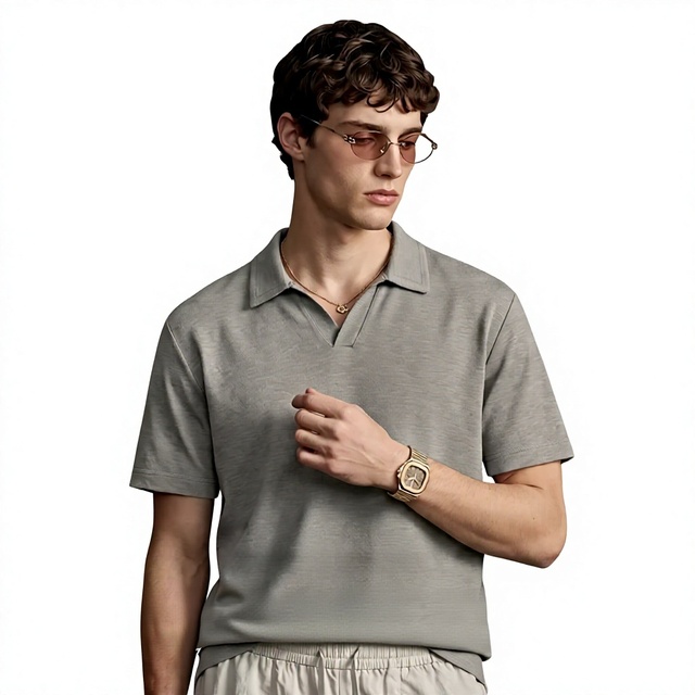 Men's V Notch Collar Pique Polo Shirt Slim Fit Soft Texture Short Sleeve Lapel Top Business Casual Daily Wear Blank Polo Tee