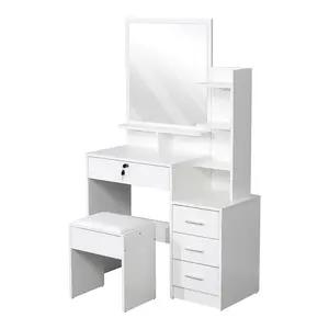 Beyaz Modern tuvalet masası makyaj masası 4 büyük çekmeceli ve dışkı