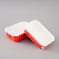 Boîte à emporter carrée ondulée rouge et blanche jetable de qualité alimentaire, conteneur bento en PP, fabriqué au Shandong pour les plats à emporter des restaurants