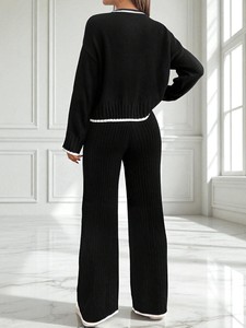 Elegante Completo Casual da <span class=keywords><strong>Donna</strong></span> in 2 Pezzi, Set in Maglia a Coste, Top a Maniche Lunghe e Pantaloni a Gamba Larga con Finiture a Contrasto - Product Image 4