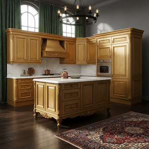 Juego de Muebles de Cocina de Madera Maciza Neoclásica de Lujo OE-FASHION con Acabado Dorado e Isla de Mármol para Proyectos de Villas - Product Image 5