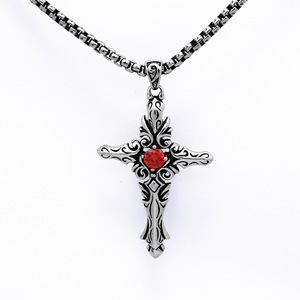 yunnique Gothic Cross Pendant Necklace <b>Titanium</b> Steel Red Stone Bezel Setting Gift Jewelry - Product Image 1