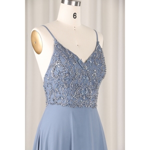 Bụi Màu Xanh Vải Tuyn Đêm Đảng Satin Ăn Mặc Hiện Đại V Không Tay Sang Trọng Voan Trang Phục Chính Thức Dài Đính Cườm Mô Hình Thiết Kế Buổi Tối - Product Image 5