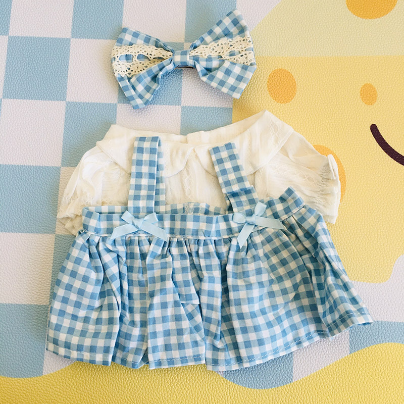 Blue grid bow-knot skirt 3-piece set