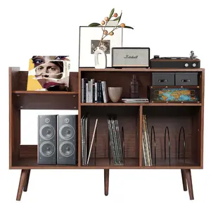 Bedroom Living Room Large End Table Vinyl Record Player Stand Display Cabinet with Power Outlet