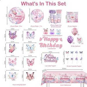 Decoración de <span class=keywords><strong>Cumpleaños</strong></span> con Mariposas, Incluye Platos y Servilletas con Diseño de Mariposas, Pancarta, Mantel Colgante, Decoración para Cupcakes, Globos y Decoración de Mesa - Product Image 2