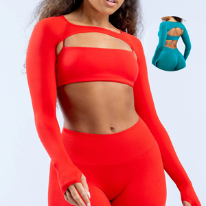 YIYI Fashion With Finger Hole Shrug Workout <strong>Tops</strong> Girls Classic High <strong>Support</strong> Bra 2pcs Gym Athletic <strong>Top</strong> Fitted <strong>Crop</strong> <strong>Tops</strong> for Women - Product Image 1