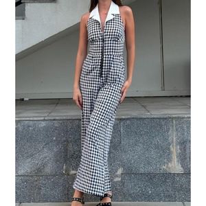 Sexy Backless Hollowed Out Loose Waist Shirt Collar Zipper Plaid Models Wide Legged <b>Pants</b> Women's Jumpsuit Fashion - Product Image 3