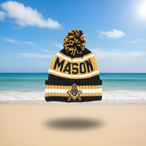 Gorro de Punto Mason, Negro y Dorado, Jacquard Acrílico, Unisex, Cálido para Invierno, con Parche con Logotipo y Diseño en el Borde - Product Image 2
