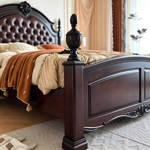 New Arrival Ornate Floral Carved Dark Brown Diamond Tufted Leather Four Poster Solid Wood Bed with Carved Storage Nightstands - Product Image 5