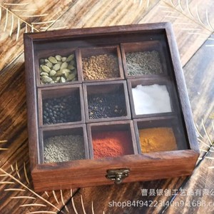 Wooden <b>Vintage</b> Spice Storage <b>Box</b> Flip Top Transparent Glass Divided Compartments Condiment Organizer Kitchen Use - Product Image 2