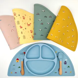 Semicircle Shaped Non Slip Heat Resistance Easy To Clean Silicone Table Meal Mat Pad Rainbow Printing Silicone Placemat For Kids