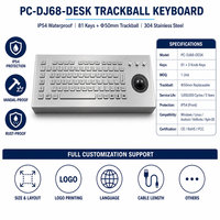 Clavier à trackball industriel étanche IP54 en acier inoxydable PC-DJ68-DESK, 81 touches USB PS/2 pour machine CNC et kiosque
