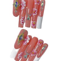 Tacana 10 pièces Faux ongles à presser faits main 5.0 Longs, motifs Tube d'eau, Cœur, Floral, Strass, Style Européen Français, Color Block, Couverture complète