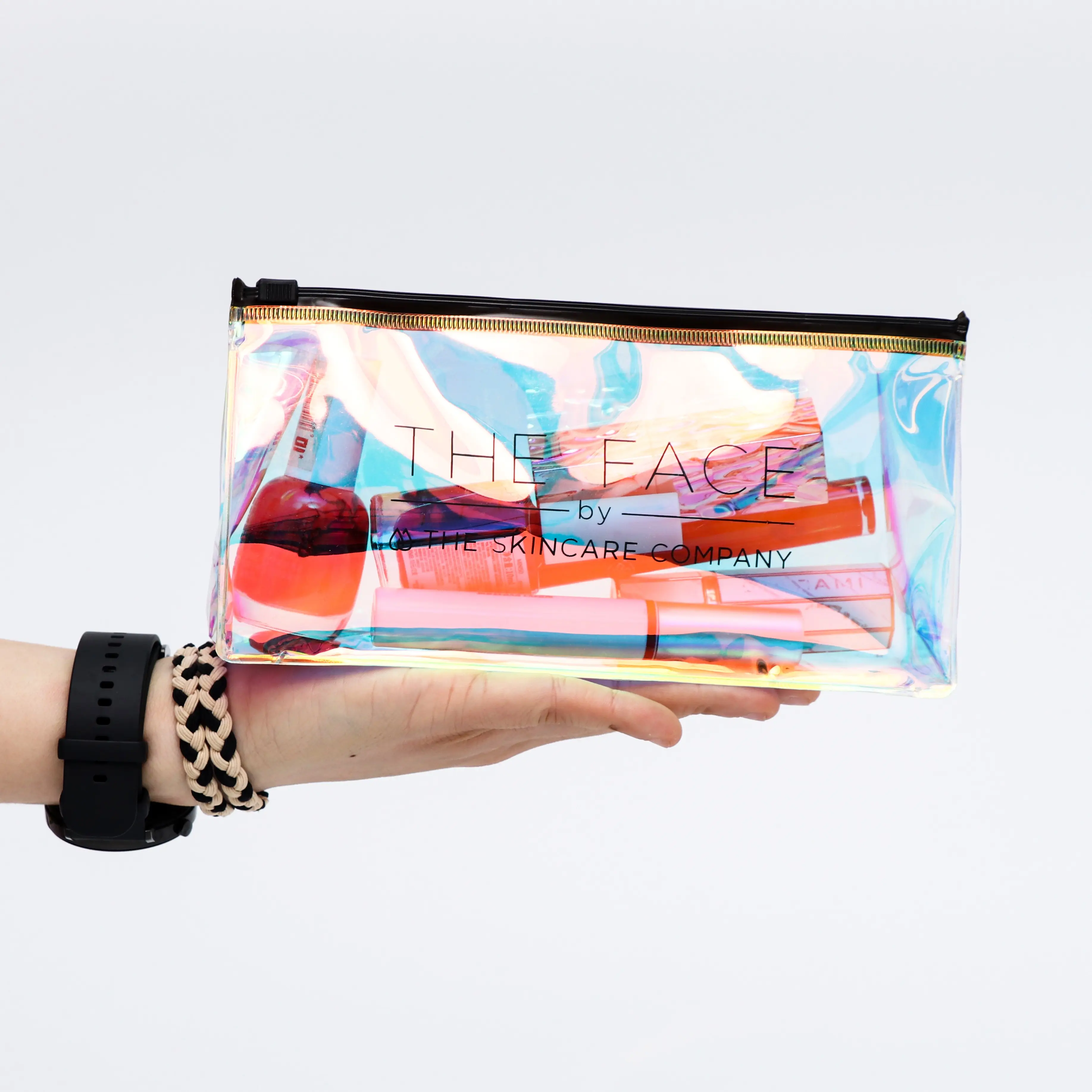 Custom LOGO laser shinny Hologram PVC Plastic makeup bags for women cosmetic bag wholesale Travel Packaging Zip lock Pouch bag